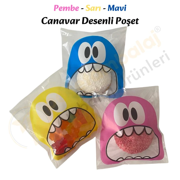 30 Adet Pembe-Sarı-Mavi Renkli Canavar Desenli Cake Pop & Kurabiye Poşeti-10x15 cm - Resim 2
