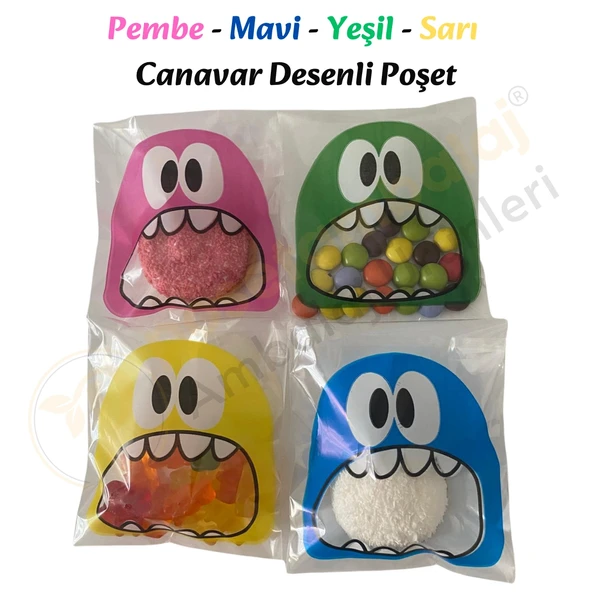 250 Adet 4 Renkli Canavar Desenli Cake Pop & Kurabiye Poşeti - 10x15 cm - Resim 2