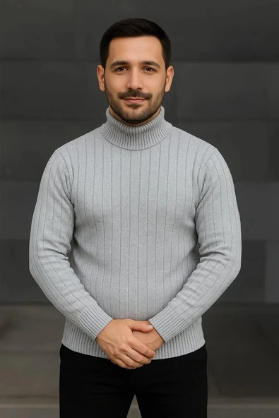 Erkek Fitilli Triko Kazak 2'li Set Gri Siyah Regular Balıkcı Yaka Tam Boğazlı Triko Seti Modeli Kazak - Resim 7