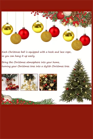 48 Parça Noel Ağacı Süs Seti | Kırmızı & Altın İki Tonlu Plastik Yılbaşı Topları | Çiçek Desenli Dekoratif Süsler | Kış & Tatil Temalı Asma Aksesuarları - Resim 3