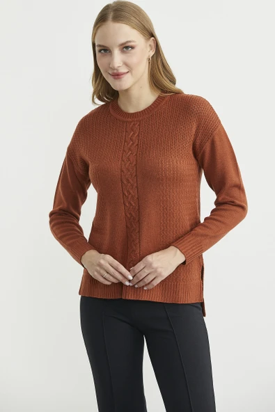 Motifli Arkası Uzun Triko Kazak - Kiremit - Resim 2