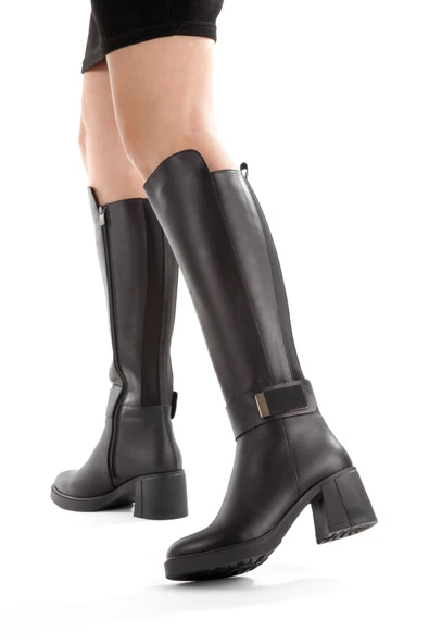Siyah Hakiki Deri Lastikli Kalın Topuk Kadın Çizme Sun444 - Resim 4