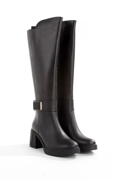 Siyah Hakiki Deri Lastikli Kalın Topuk Kadın Çizme Sun444 - Resim 2