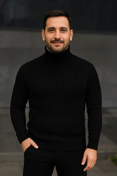 Erkek Fitilli Triko Kazak 2'li Set Bej Siyah Regular Balıkcı Yaka Tam Boğazlı Triko Seti Modeli Kazak - Resim 6