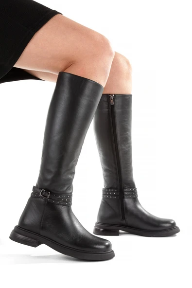 Siyah Hakiki Deri Topuksuz Günlük Kadın Çizme Vildo - Resim 3