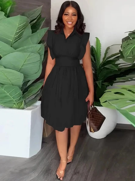 MDB Kadın Yakalı Belden Oturmalı önden Büzgülü Dokuma Mini Elbise - Resim 3