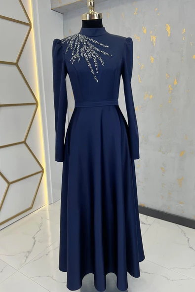 Mina Tesettür Abiye Lacivert - Resim 3