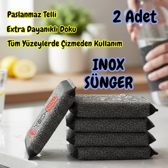 Technow Paslanmaz Çelik Sihirli Inox Yağ ve Kir Çözücü Tel Bulaşık Süngeri 2 Adet ürün görseli 1