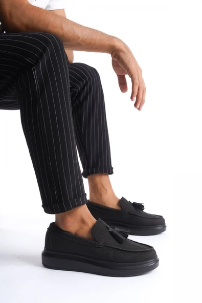 SLW154 Blaze Bağcıksız Püsküllü Keten Erkek Günlük Spor Klasik Ayakkabı KST - Siyah - Resim 3