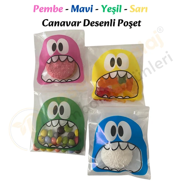 250 Adet 4 Renkli Canavar Desenli Cake Pop & Kurabiye Poşeti - 10x15 cm - Resim 4