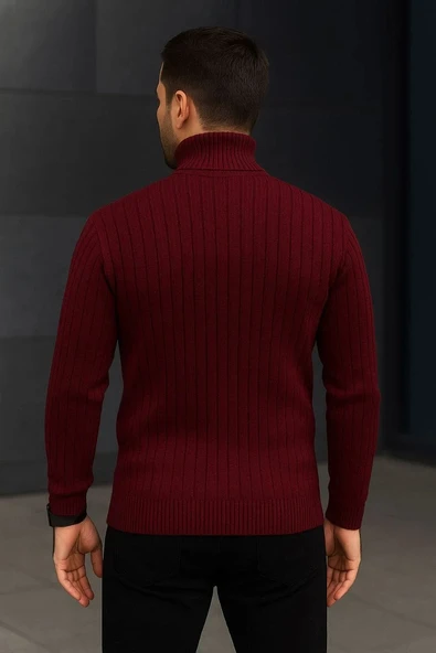 Erkek Fitilli Triko Kazak 2'li Set Bordo Siyah Regular Balıkcı Yaka Tam Boğazlı Triko Seti Modeli Kazak - Resim 2
