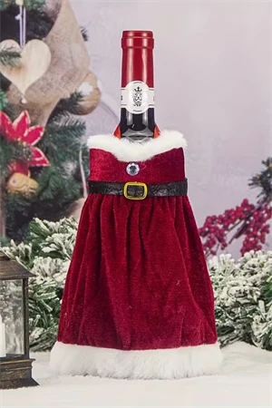 2 Adet Noel Temalı Kırmızı Şarap Çantası | Noel Elbisesi Şişe Kapağı & Etek Şarap Şişesi Süsleme Seti | Dekoratif Kırmızı Şarap Kapakları - Resim 3