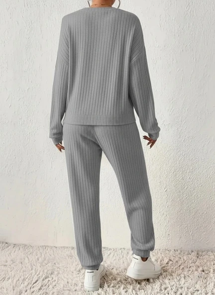 MDB Kadın Uzun Kollu V Yakalı Kaşkorse Bluz Ve Pantolon Ikili Takım - Resim 3