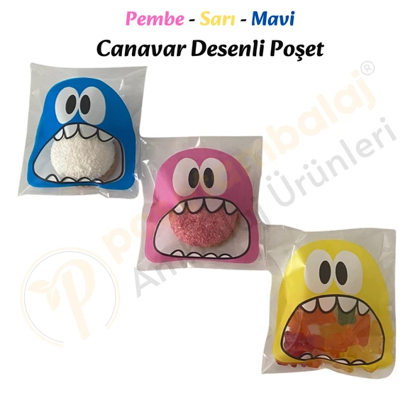 30 Adet Pembe-Sarı-Mavi Renkli Canavar Desenli Cake Pop & Kurabiye Poşeti-10x15 cm - Resim 6