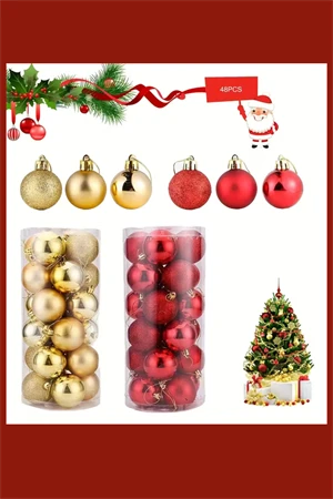 48 Parça Noel Ağacı Süs Seti | Kırmızı & Altın İki Tonlu Plastik Yılbaşı Topları | Çiçek Desenli Dekoratif Süsler | Kış & Tatil Temalı Asma Aksesuarları ürün görseli 1