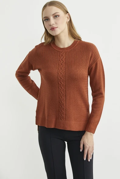 Motifli Arkası Uzun Triko Kazak - Kiremit - Resim 5