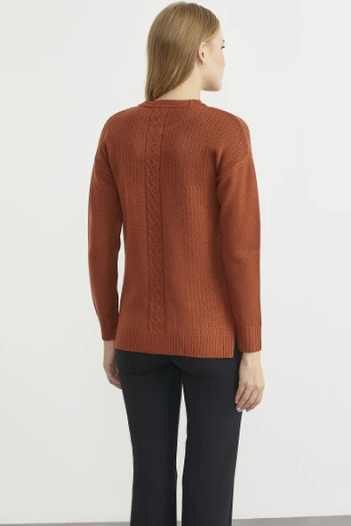 Motifli Arkası Uzun Triko Kazak - Kiremit - Resim 6