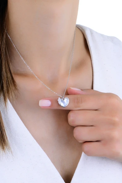 Gümüş rodyumlu sedef ve zirkon taşlı  büyülü kalp kolye SGTL12959RODAJ - Resim 2