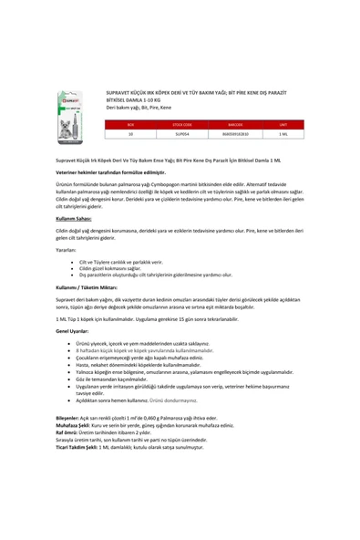 Supravet Küçük Irk Köpek Deri Ve Tüy Bakım Yağı; Bit Pire Kene Dış Asalak Damlası 1-10Kg (1ml) - Resim 6