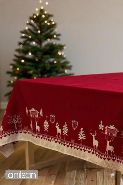 Kırmızı Yılbaşı Desenli Masa Örtüsü – Geyik ve Çam Ağacı Motifli, Şık Yeni Yıl Masa Dekoru ürün görseli 1