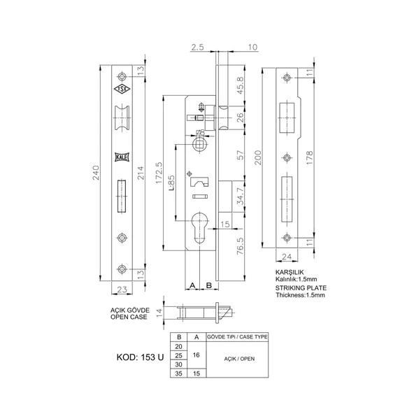 Kale 153 U 25 mm Dilli Silindirli Kilit - Resim 2
