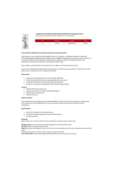 Supravet DRY SHAMPOO LAVANTA ÖZLÜ KEDİ KÖPEK TOZ - Resim 2