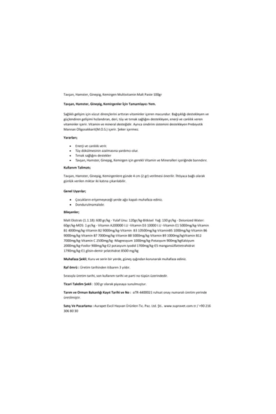 Supravet Tavşan Hamster Ginepig Kemirgen Multivitamin Malt Paste 100 Gr - Resim 2