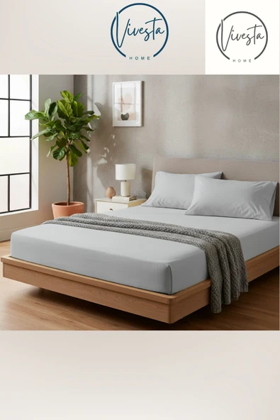 Vivesta Home 180x200 Çift Kişilik Açık Gri Lastikli Çarşaf Seti + 2 Adet 50x70 Yastık Kılıfı ürün görseli