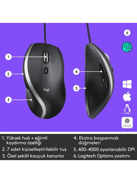 Logitech M500S 4.000 DPI Gelişmiş USB Kablolu Mouse - Siyah - Resim 5