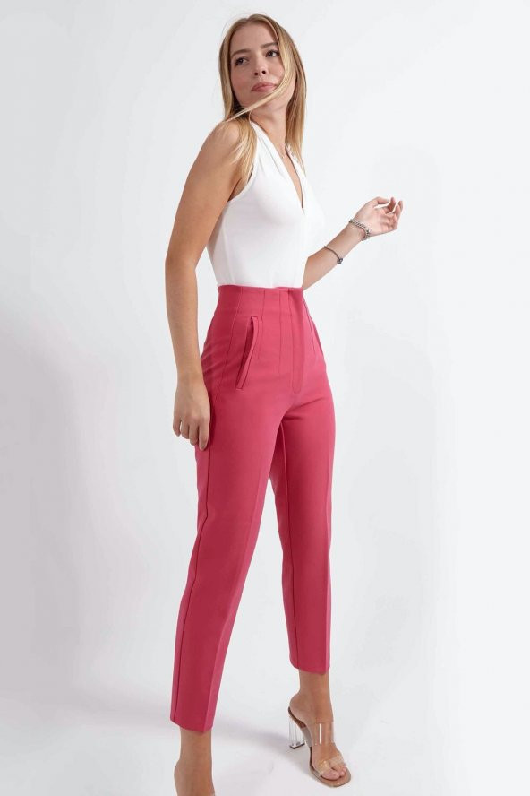 Önü Patlı Kumaş  Pantolon 113 Pembe - 2