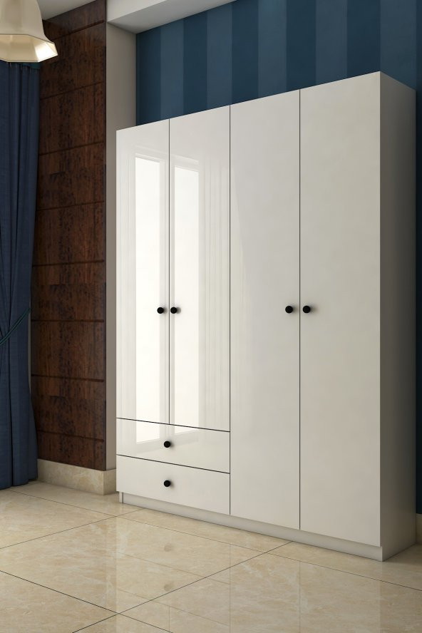 TOCCO 1021 İnci 4 Kapaklı 2 Çekmeceli Askılıklı Gardırop