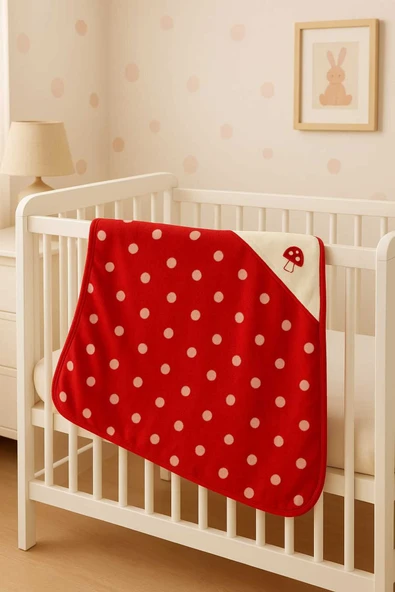 Vivesta Home Kırmızı Beyaz Puantiyeli Mantarlı Bebek Kundağı Havlusu 75x75 cm %100 Pamuk - Resim 2