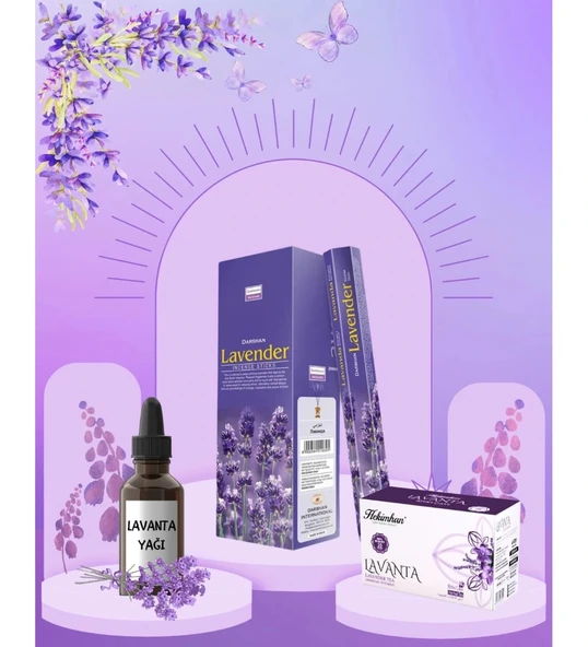Lavanta Yağı 20 ml + Lavanta Çayı 20li + Lavanta Tütsüsü 20 çubuk ürün görseli 1