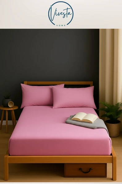 Vivesta Home 180x200 Çift Kişilik Pembe Lastikli Çarşaf Seti + 2 Adet 50x70 Yastık Kılıfı | Yumuşak Kumaş ürün görseli