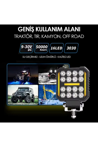 ASTRALED 16 Ledli Piksel Model Off Road Sis Farı Beyaz-Turuncu 2 Mod Çakarlı Çalışma Lambası 12-24 Volt - Resim 2