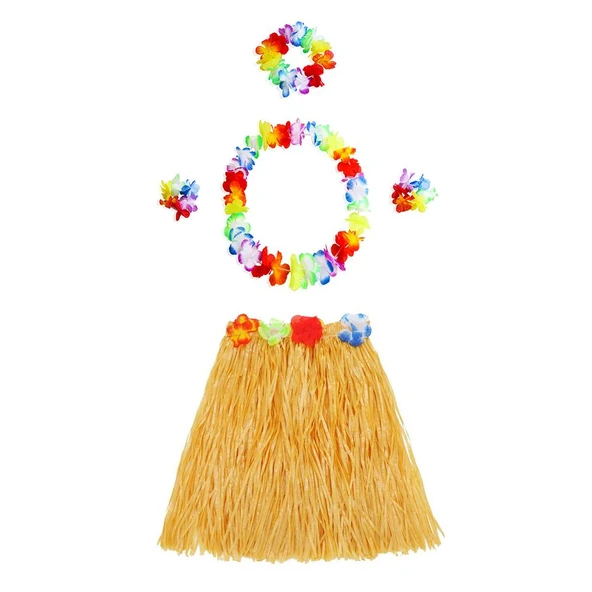 Yetişkin ve Çocuk Uyumlu Luau Aloha Hawaii Turuncu Etek ve Renkli Kolye Taç 2 Adet Bileklik Seti - Resim 2