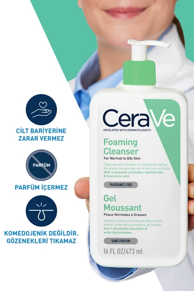 CeraVe Normal ve Yağlı Ciltler için Seramid & Niasinamid & Hyalüronik Asit İçeren Köpüren Temizleyici 473ml - Resim 3