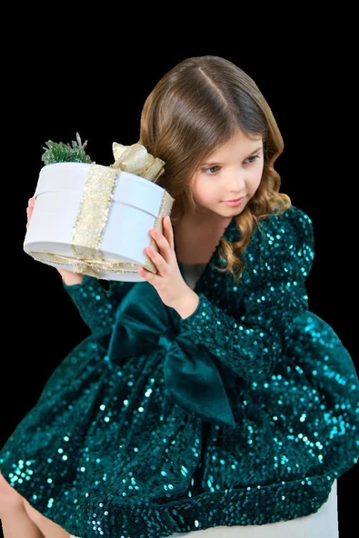 Kız Çocuk V Yaka Üzeri Pulpayet İşlemeli Eteği Kabarık Kadife Yeşil Abiye - Resim 6