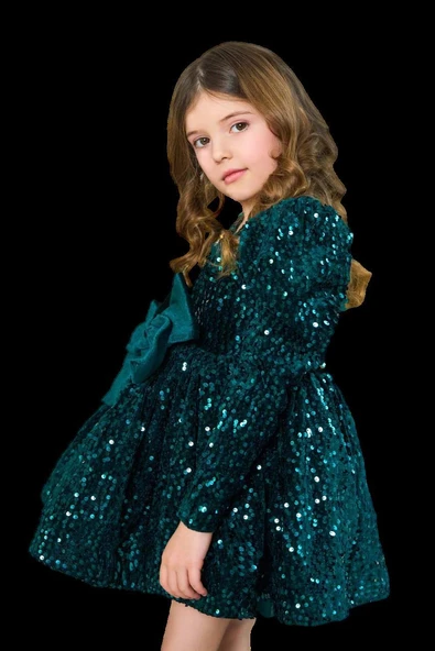 Kız Çocuk V Yaka Üzeri Pulpayet İşlemeli Eteği Kabarık Kadife Yeşil Abiye - Resim 7