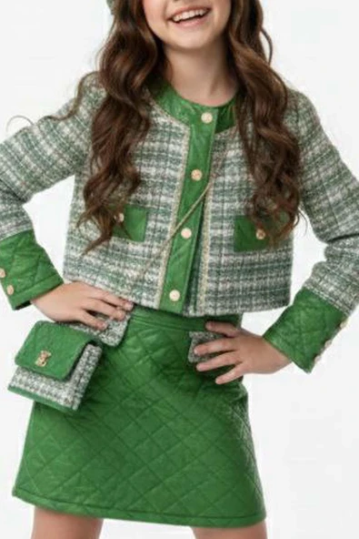 Kız Çocuk Kapitone ve Altın Şerit Detaylı Şanel Yeşil Etekli Takım - Resim 6