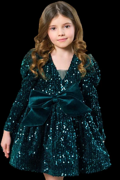 Kız Çocuk V Yaka Üzeri Pulpayet İşlemeli Eteği Kabarık Kadife Yeşil Abiye - Resim 5