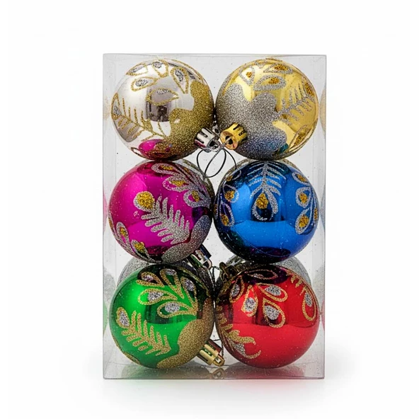 Kızılkaya Desenli Karışık Renk Parlak Top Yılbaşı Süsü 6 lı (2505090) ürün görseli 1