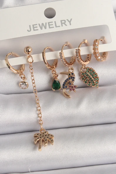 Pirinç Gold Renk Sallantı Zirkon Taşlı Ağaç Figür Kadın Küpe Seti - TJ-BKP10118 - Resim 2