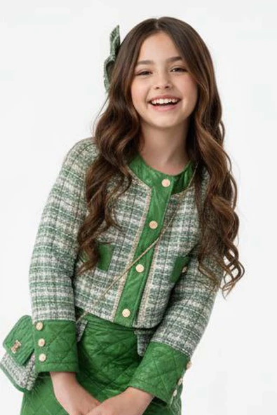 Kız Çocuk Kapitone ve Altın Şerit Detaylı Şanel Yeşil Etekli Takım - Resim 5