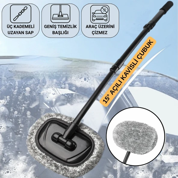 Polham 110CM Uzayabilen Teleskopik Saplı Kuru Islak Araç Temizleme Mopu, İz ve Çizik Bırakmaz Fırça ürün görseli