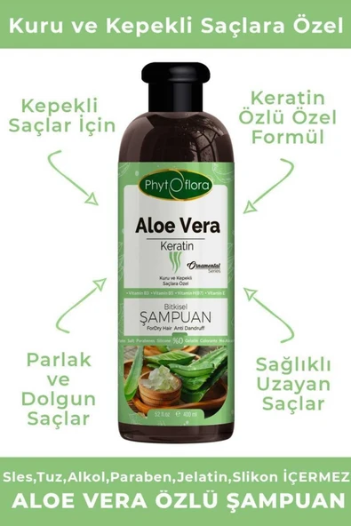 Phytoflora Uzak Tuzsuz Kuru Ve Kepekli Saçlara Özel Aloe Vera Ve Keratin Ilaveli Bitkisel Şampuan 400 ml - Resim 2