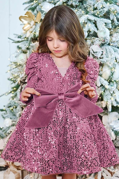 Kız Çocuk V Yaka Üzeri Pulpayet İşlemeli Eteği Kabarık Kadife Pudra Abiye - Resim 2