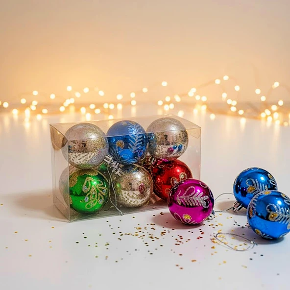 Kızılkaya Desenli Karışık Renk Parlak Top Yılbaşı Süsü 6 lı (2505090) - Resim 2