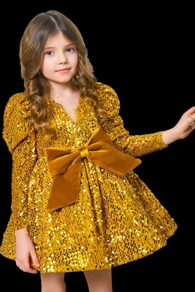 Kız Çocuk V Yaka Üzeri Pulpayet İşlemeli Eteği Kabarık Kadife Gold Abiye - Resim 6