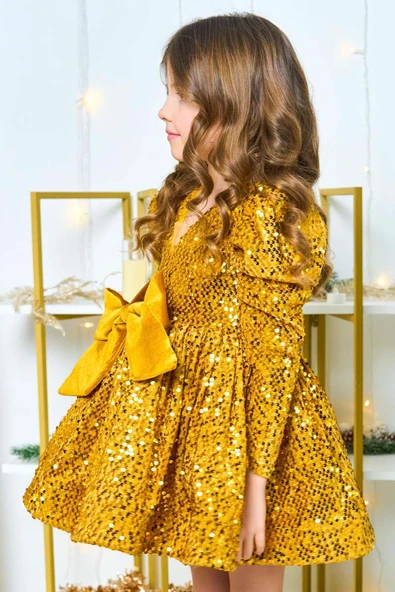 Kız Çocuk V Yaka Üzeri Pulpayet İşlemeli Eteği Kabarık Kadife Gold Abiye - Resim 2